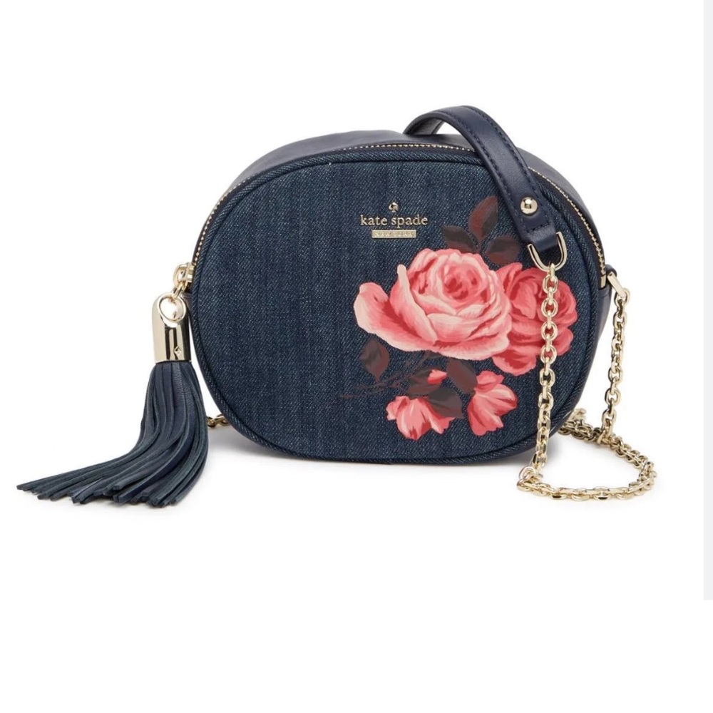 Kate Spade Emerson place denim leather rose crossbody gold chain bag purse.